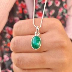 Genuine Malachite Pendant 925 Sterling Silver Necklace Healing Gemstone Jewelry