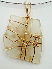 SEA GLASS WIRE WRAPPED PENDANT NECKLACE REVERSIBLE PEARL ARTISAN GOLD TONE