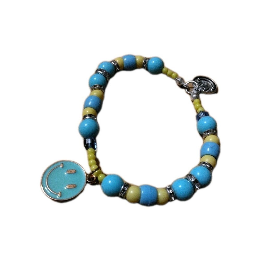 Handmade 6.5 in Elastic Bracelet-Plastic w/Rhinestone Spacers-2 Smiley Charms.