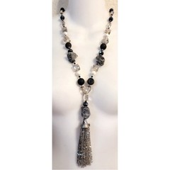 Mica Stone AB Crystal Glass Beaded Fringe Necklace Magnetic Clasp Gray Boho
