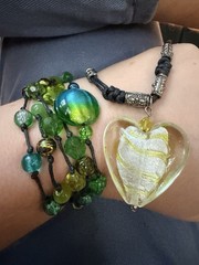 Artisan Murano Style Green Glass Heart Necklace & Multi-Strand Bracelet Set