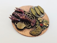 VTG Artisan Lobster Feast Seafood Platter Brass Copper Enamel Pin – 1 1/2″ Diam