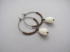 Pikake Flower Hoop Earrings Hawaiian Jewelry Antiqued Brass Boho Bohemian Beaded
