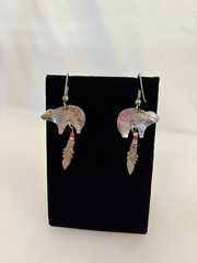 Sterling Silver Bear And Feather Earrings With Red And White Beads