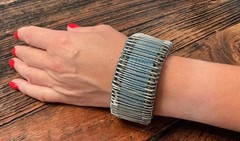 New Genuine Leather Blue Cuff Bracelet Wristband Adjustable Pin Charm Snap Clsr.