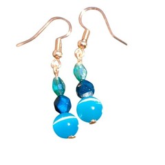 Blue green earrings copper earwires optic glass catseye dyed agate green beads