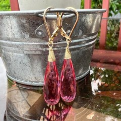 Lab Made Pink Tourmaline Wire Wrapped Earrings 14K Gold Filled , 8th Anniversary