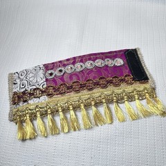 Boho Fabric Wide Cuff Womens Bracelet Jeweled Fringe Metallic Handmade 7.5 8