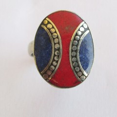 Tibetan Silver Coral Blue Lapis Natural Jewelry Original Adjustable Unisex Ring