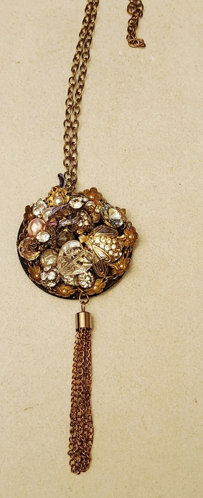 Artisan Mosaic Rhinestone, Broken Jewelry Handmade Upcycled Pendant Necklace