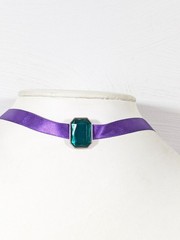 Purple Satin Ribbon Choker Green Rhinestone Slide Charm Necklace 15 in