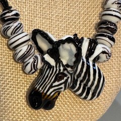 Handcrafted Glass Zebra Necklace Black & White Beads Signed 2002 Adjustable