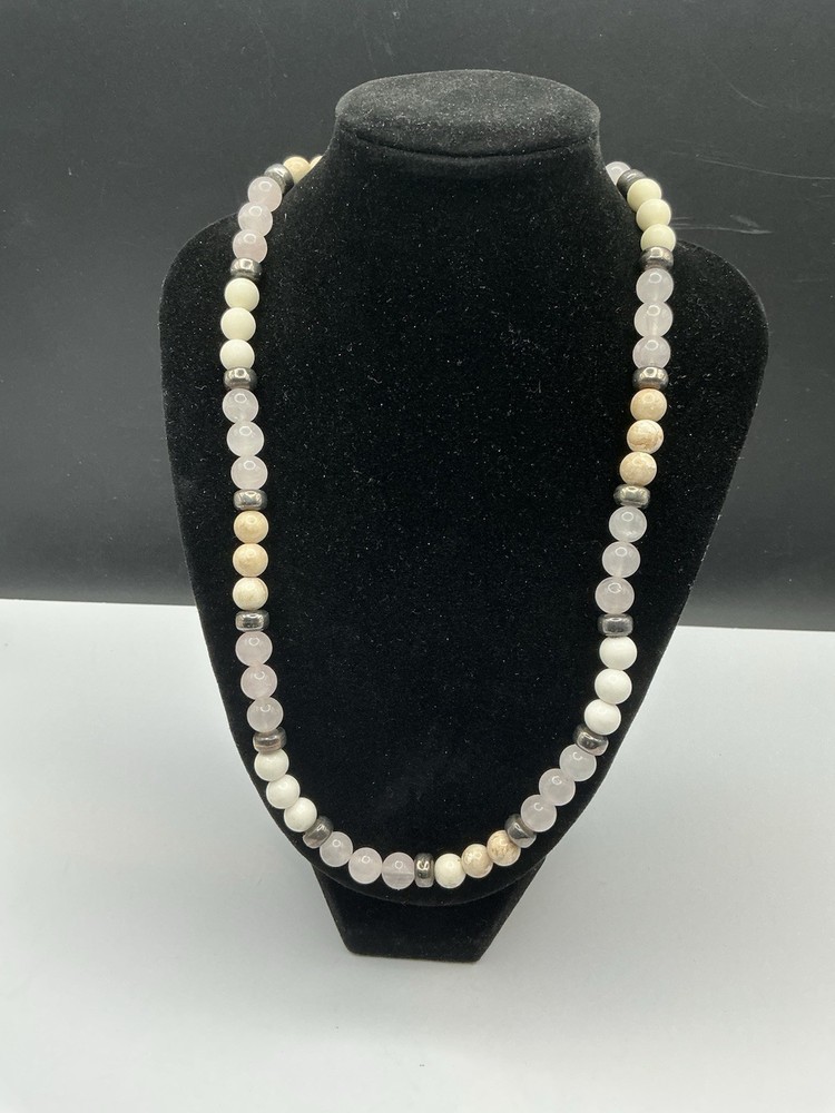 227 Silver Tone Clasp On Rose Quartz Jasper 16” Necklace 43.14 Grams