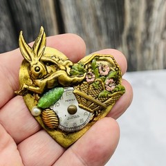 Vintage Perfex Brass Enamel Rabbit Heart Watch Face Brooch Pin Multicolor Womens