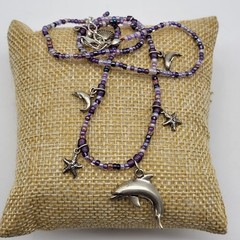 Fab Sterling Silver Necklace Beach Dolphin Shells Purple Beads Mermaid Festival