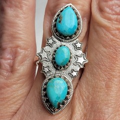 3-Stone Turquoise Statement Ring w/Stars. Size 7. 925 Sterling Silver