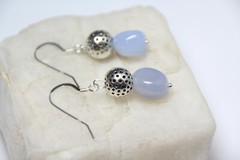 Chalcedony Blue 9mm Free Form Gemstone .925 Sterling Silver Earrings 1 1/2″