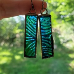 Art Glass Earrings Green Blue Dangle 1.25″