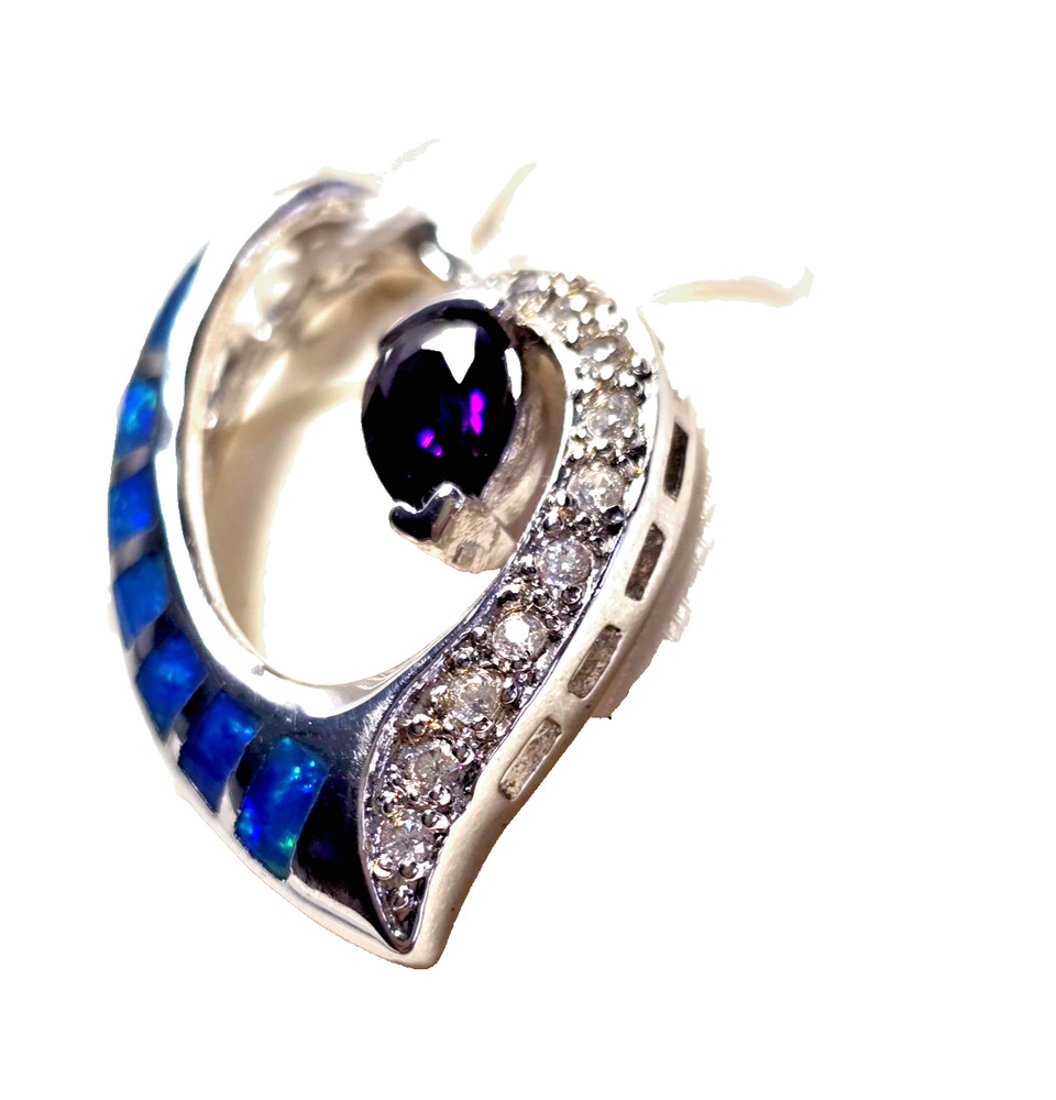 Tanzanite CZ & Blue Opal Inlay 925 Sterling Silver Floating Heart Slider Pendant