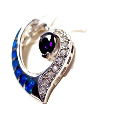 Tanzanite CZ & Blue Opal Inlay 925 Sterling Silver Floating Heart Slider Pendant