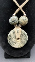 Necklace Grey Green Agate Stone Disc & Bead on Beige Leather