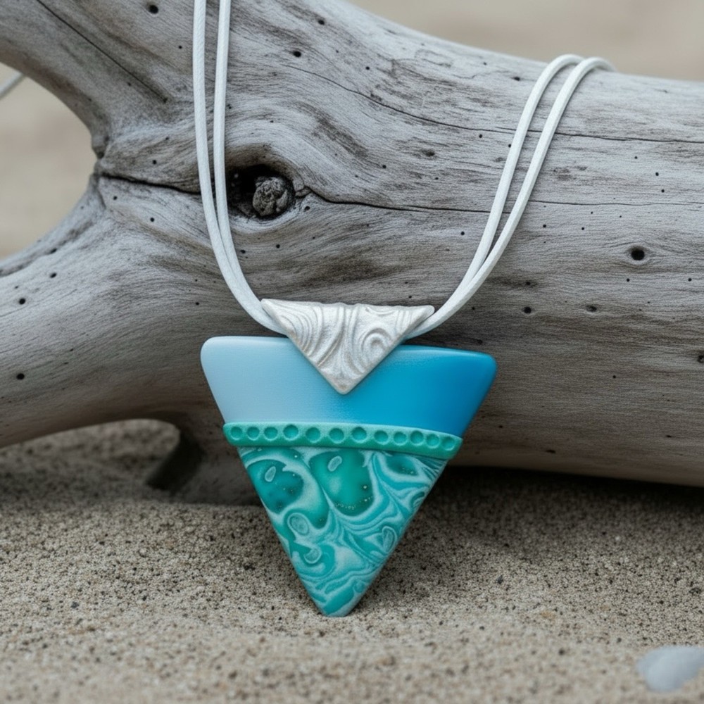Handmade White Blue & Green Polymer Clay Large Pendant Necklace 18″ on Cord SS