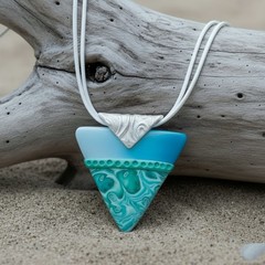 Handmade White Blue & Green Polymer Clay Large Pendant Necklace 18″ on Cord SS