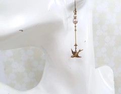 Handmade Antique Brass Small Bird Earrings, Champagne Pearl Cottagecore Jewelry