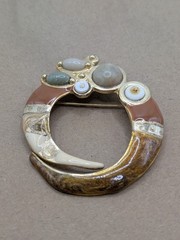 ECD Signed Handcrafted Asymmetrical Brooch Gold Tone Mixed Stones