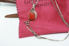 Estate Mexican 925 Silver Coral Jasper Pendant Necklace 45 CM 18″ HeShe Chain