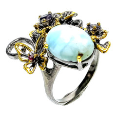 DOMINICAN REPUBLIC LARIMAR/IOLITE/RHODOLITE RING 925 STERLING SILVER 14KYGP SZ 8