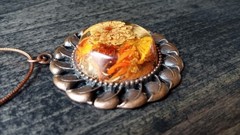 Flower Pendant Necklace, Dried Flowers, Orange, 1 7/8″, Retro Style, Fairy