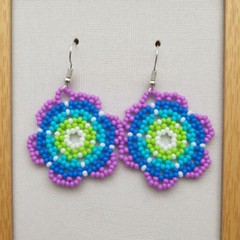 Huichol Style Beaded Flower Earrings Handmade Blue Purple Beaded Floral Dangles