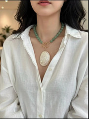 Handmade Green Aventurine Bead Necklace with Abalone Shell Pendant