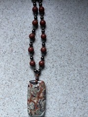 Handmade Wood Bead Necklace with Picture Jasper Pendant