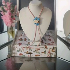 Handmade Hand-Painted Kewpie Cowboy Bolo Tie – Blue & Pink – Western Kitsch Art