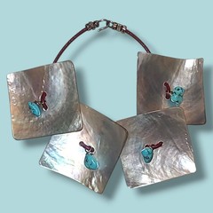 Sterling Silver Shell Turquoise Leather Bracelet Square Panel Artisan 7in