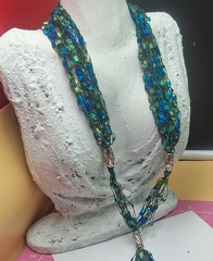 2 Handcrafted beaded statement necklace glass blue green brown thread women