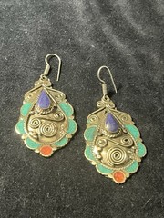 Turquoise Coral Lapis Gemstones Drop Dangle Tibetan Silver Earrings 2.2″ Artisan