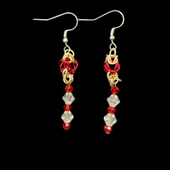 Red & Gold Tone Chainmaille Earrings w/Red & Clear Crystals, 2.25 in.