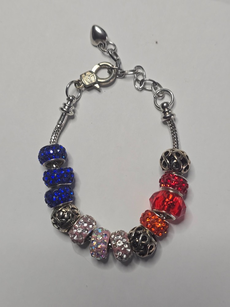 CHARM BRACELET – Red White Blue European Bead Adj Silver-Tone 7″ Snake Chain