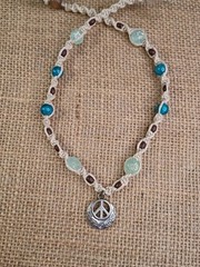 New Natural Hemp Necklace W/ Peace Sign Charm & Mixed Beads 16 in Twist Macrame