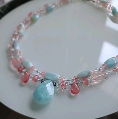 Vintage Necklace Amazonite Strawberry Quartz Pendant Madagascar 18″ 2 Strand