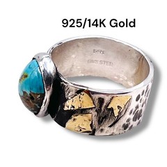Sterling Silver Persian Blue Turquoise Handmade Ring Gold Accent SZ 8.25 -6207