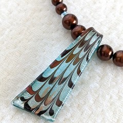 Artisan Chocolate Brown Faux Pearl Beaded Blue Swirl Art Glass Pendant Necklace