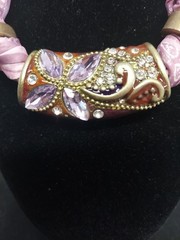 Scarf Necklace With Beautiful Rhinestone Pendant. Scarf Is Pink & White.
