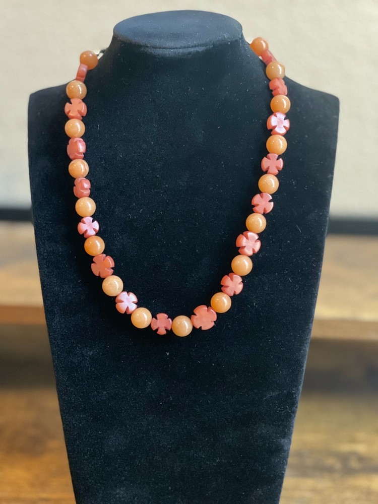Unique Necklace Round Orange and Cut Cross Red beads Agate 16-18″