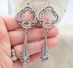 Victorian Goth Earrings, Large Antique Silver Tone Quatrefoil Medieval Jewelry