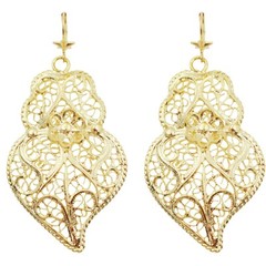 Traditional Portuguese Filigree Earrings, Gold-Color Rancho Style, Viana Heart