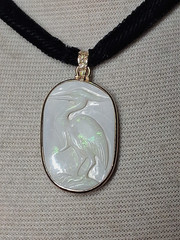 Australian White Opal Hand Carved Heron Pendant On Black Velvet Choker 14/20 GF